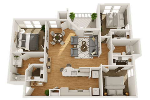 Floor plan for 3 beds, 2 baths, 1262 sqft